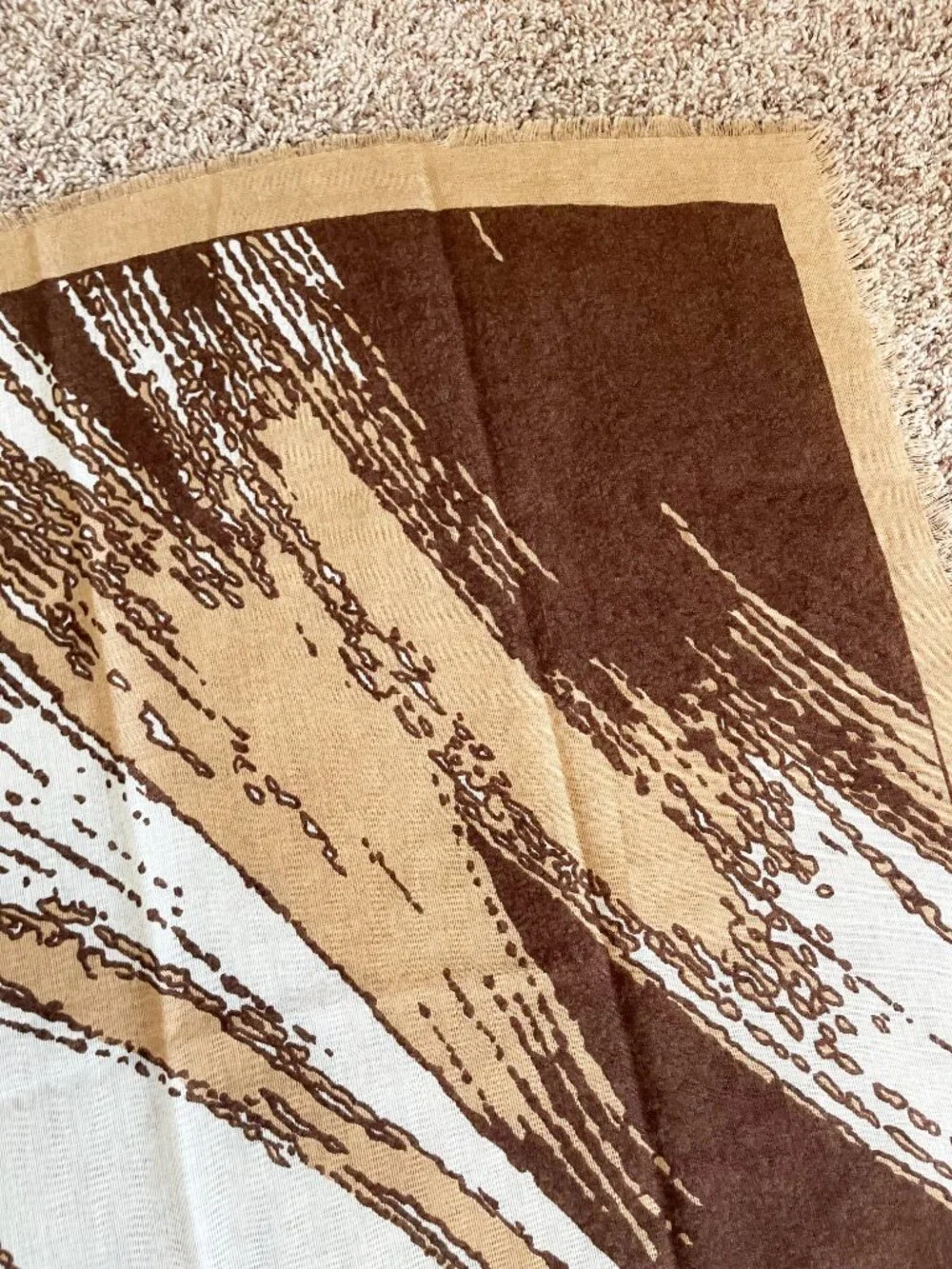 Abstract Brown Tan Cream Square Scarf Raw Fringe Lightweight Boho Wrap